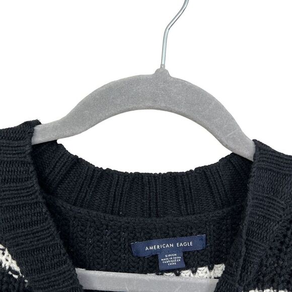 American Eagle Sweater Stretch Stripe Black White Crew Neck‎ Pocket Women Size S - Picture 3 of 5